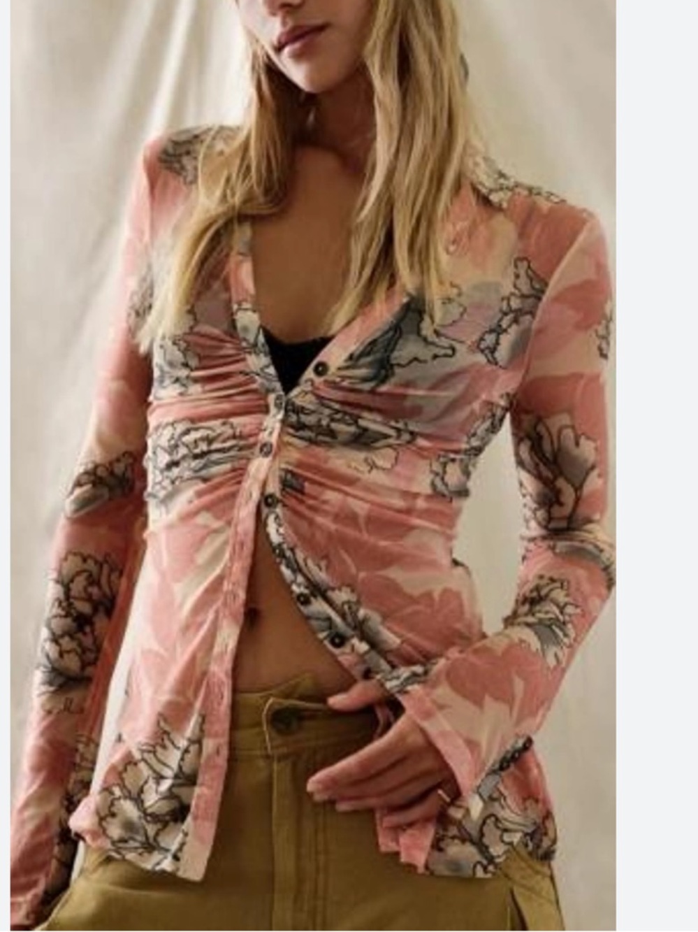 Free People Pink Peach Floral Ruched Button-Front Mesh Shirt